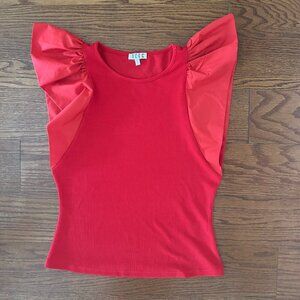 TCEC Red Frill Sleeve Ribbed T-Shirt Ruffle Cap Sleeve Size Large Feminine
